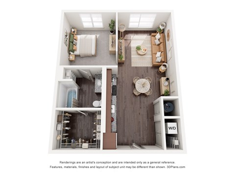 A floor plan of a two-bedroom apartment with a living room, kitchen, and bathroom.